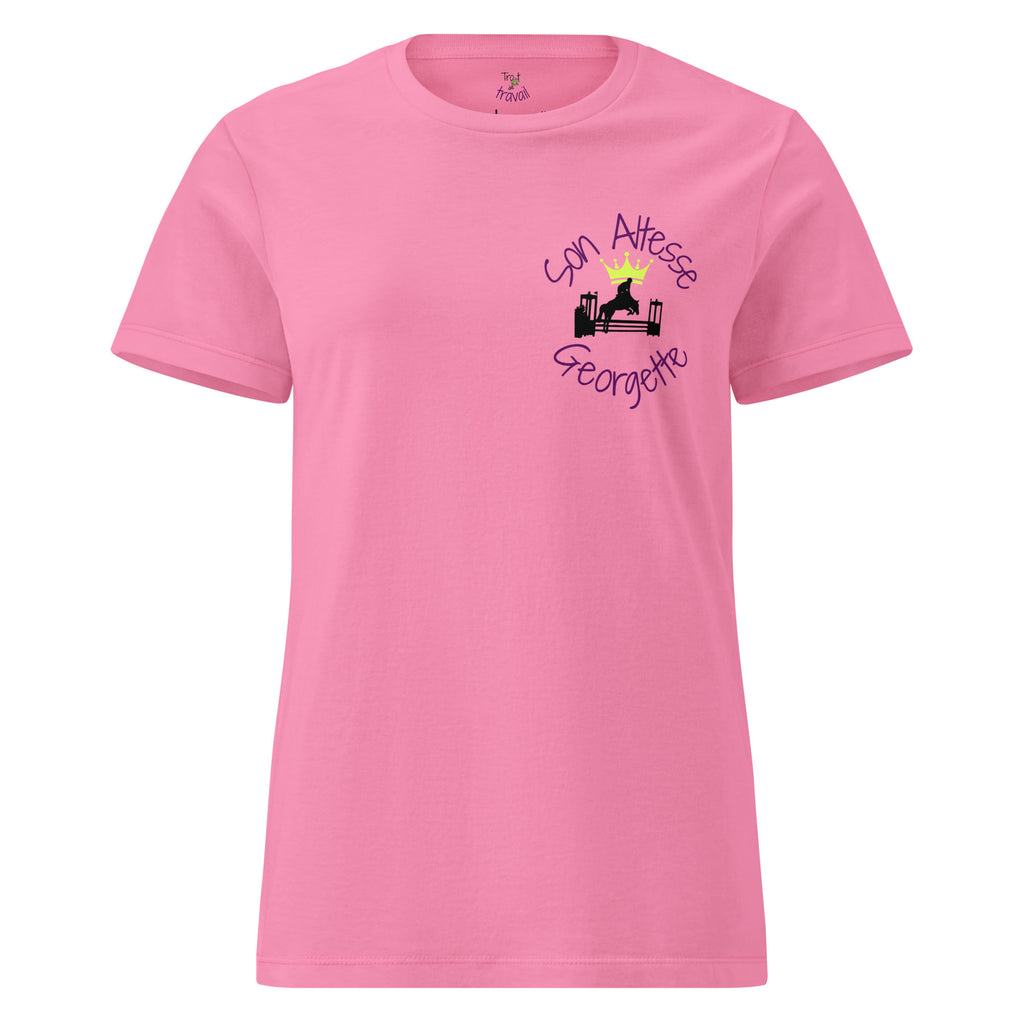 Tshirt humoristique vu de devant sur le thème du cheval et du saut d'obstacle, et de la georgette en concours d'équitation