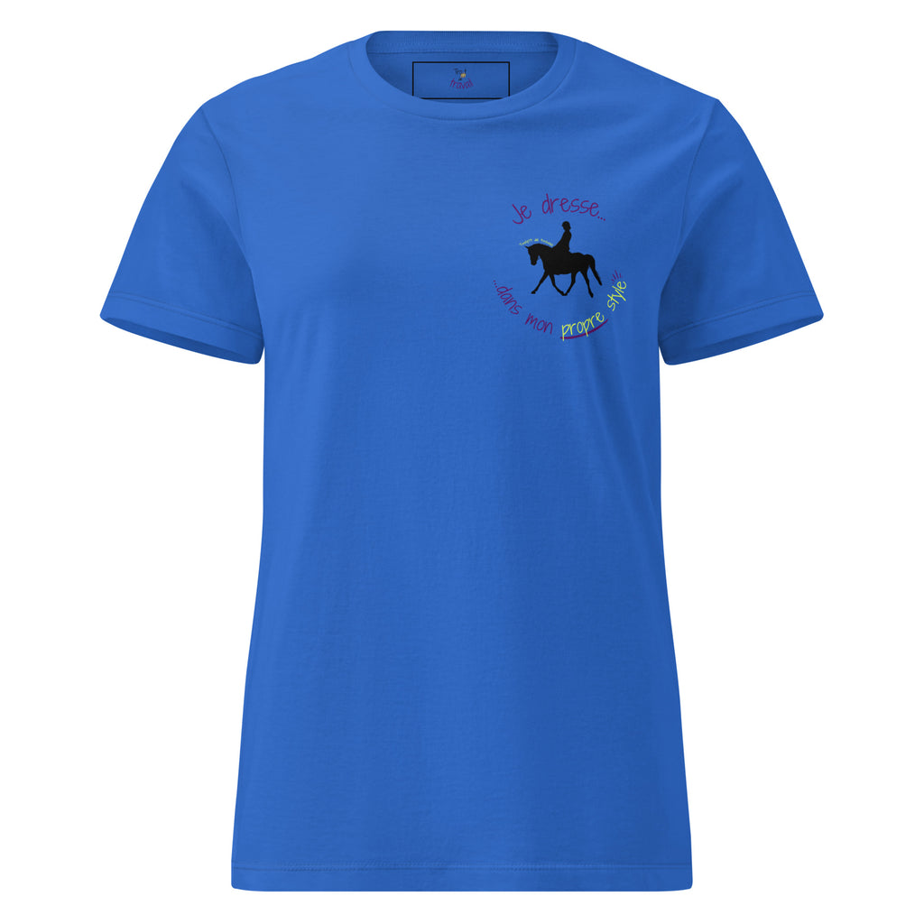 Tshirt humoristique sur le thème de l'équitation, parlant de la discipline du dressage, couleur bleu et vu de face
